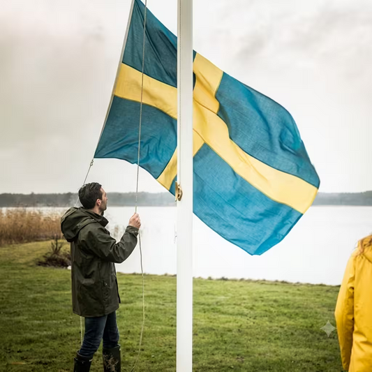 Sverigeflagga som håller på att hissas upp i en flaggstång 