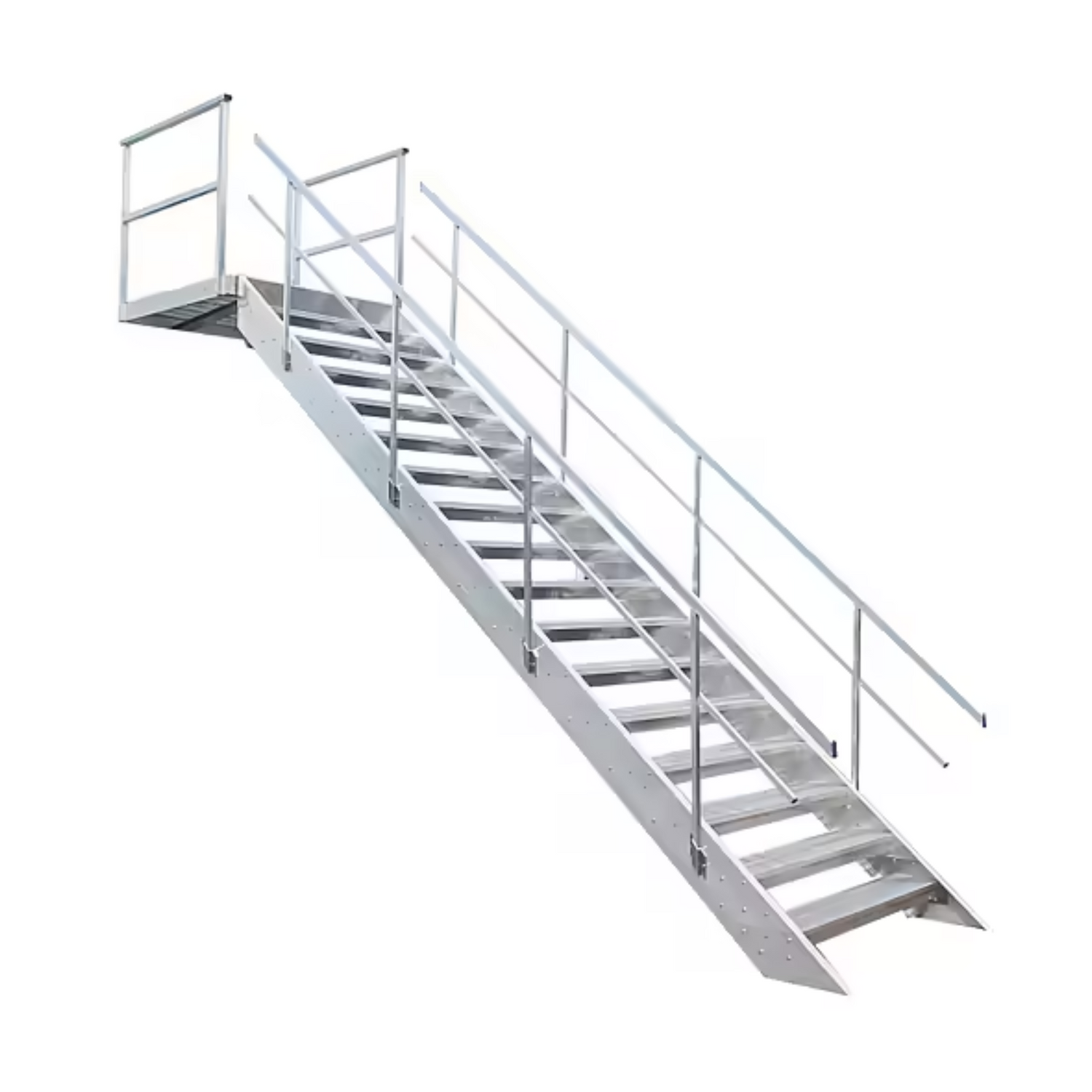 Aluminium trappa med räcke i aluminium med vit bakgrund